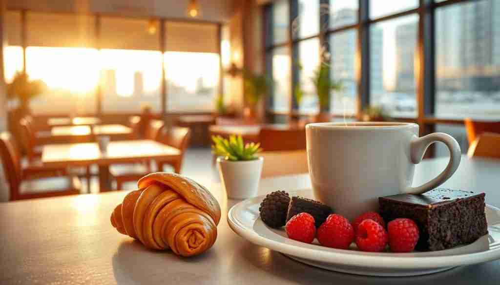 A cozy café setting with a steaming cup of freshly brewed coffee, accompanied by a selection of delectable food pairings. In the foreground, a plate showcases a flaky croissant, a slice of rich chocolate cake, and a few plump, juicy berries. The middle ground features the café's warm, inviting atmosphere, with wooden tables, soft lighting, and a few potted plants adding a touch of greenery. In the background, the cityscape is visible through large windows, bathed in the golden glow of the morning sun. The overall mood is one of comfort, indulgence, and the perfect harmony between coffee and complementary food.