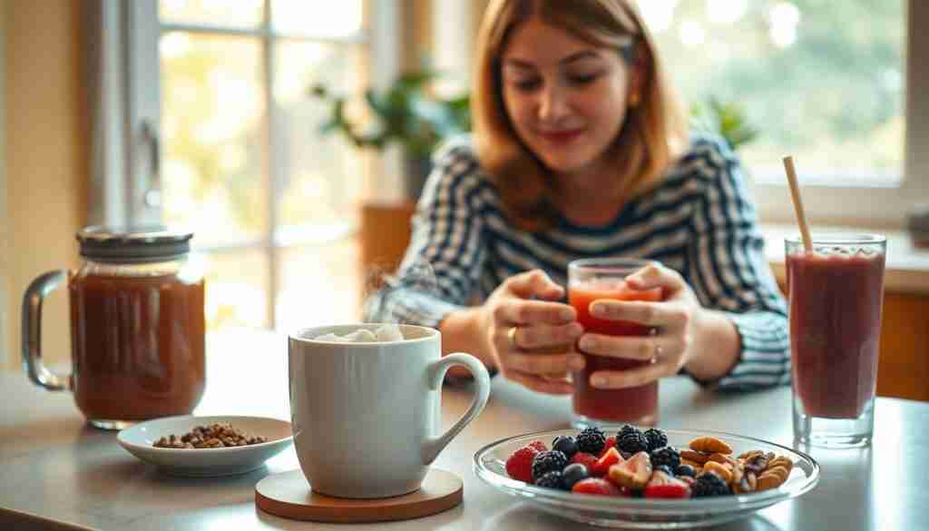 A cozy kitchen counter, bathed in warm, natural light from a large window. On the surface, an assortment of caffeine alternatives - a steaming mug of herbal tea, a glass of freshly squeezed fruit juice, a smoothie bursting with berries, and a plate of energy-boosting snacks like nuts and dried fruit. In the foreground, a mother's hands gently cradle one of the beverages, her expression serene and contemplative as she explores new ways to find that much-needed energy boost during her breastfeeding journey. The overall mood is one of calm, nourishment, and a sense of exploration, inviting the viewer to discover healthier options to fuel their days. A cozy kitchen counter, bathed in warm, natural light from a large window. On the surface, an assortment of caffeine alternatives - a steaming mug of herbal tea, a glass of freshly squeezed fruit juice, a smoothie bursting with berries, and a plate of energy-boosting snacks like nuts and dried fruit. In the foreground, a mother's hands gently cradle one of the beverages, her expression serene and contemplative as she explores new ways to find that much-needed energy boost during her breastfeeding journey. The overall mood is one of calm, nourishment, and a sense of exploration, inviting the viewer to discover healthier options to fuel their days.