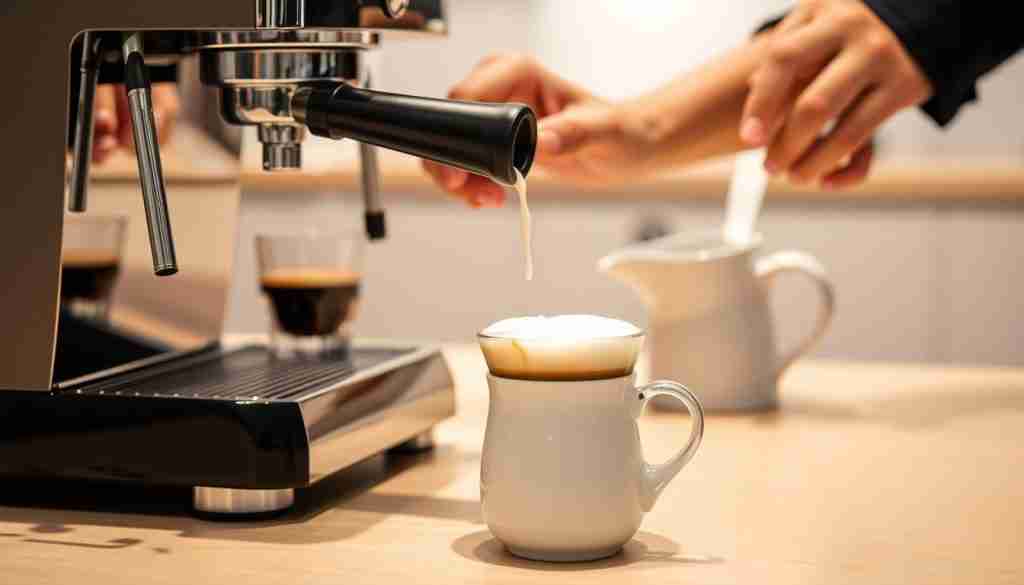 A crisp, well-lit scene showcasing the preparation of a coffee piccolo. In the foreground, a sleek espresso machine with chrome accents stands ready, its steam wand poised to foam the milk. Nearby, a barista's skilled hands delicately pour the freshly brewed espresso into a small, curved glass, its dark liquid shimmering with crema. In the middle ground, a white ceramic pitcher holds the frothy, microfoamed milk, ready to be carefully layered atop the espresso. The background features a minimalist, light-colored countertop, accentuating the simplicity and precision of the piccolo-making process. The overall atmosphere exudes a sense of calm focus and attention to detail, reflecting the art of crafting this classic, yet refined, coffee beverage. A crisp, well-lit scene showcasing the preparation of a coffee piccolo. In the foreground, a sleek espresso machine with chrome accents stands ready, its steam wand poised to foam the milk. Nearby, a barista's skilled hands delicately pour the freshly brewed espresso into a small, curved glass, its dark liquid shimmering with crema. In the middle ground, a white ceramic pitcher holds the frothy, microfoamed milk, ready to be carefully layered atop the espresso. The background features a minimalist, light-colored countertop, accentuating the simplicity and precision of the piccolo-making process. The overall atmosphere exudes a sense of calm focus and attention to detail, reflecting the art of crafting this classic, yet refined, coffee beverage.