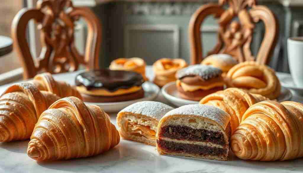 A delightful arrangement of classic Viennese pastries on a marble tabletop, bathed in soft, natural light. In the foreground, an assortment of flaky, golden Croissants, their buttery layers glistening. Beside them, delicate Sachertorte slices, their deep chocolate glaze contrasting with the dusting of powdered sugar. In the middle ground, a selection of Apfelstrudel, their phyllo dough casings revealing caramelized apple filling. The background features a vintage-style Viennese café setting, with ornate wooden chairs and a hint of antique tilework. The overall scene evokes the timeless elegance and indulgence of Vienna's renowned coffee and pastry culture. A delightful arrangement of classic Viennese pastries on a marble tabletop, bathed in soft, natural light. In the foreground, an assortment of flaky, golden Croissants, their buttery layers glistening. Beside them, delicate Sachertorte slices, their deep chocolate glaze contrasting with the dusting of powdered sugar. In the middle ground, a selection of Apfelstrudel, their phyllo dough casings revealing caramelized apple filling. The background features a vintage-style Viennese café setting, with ornate wooden chairs and a hint of antique tilework. The overall scene evokes the timeless elegance and indulgence of Vienna's renowned coffee and pastry culture.