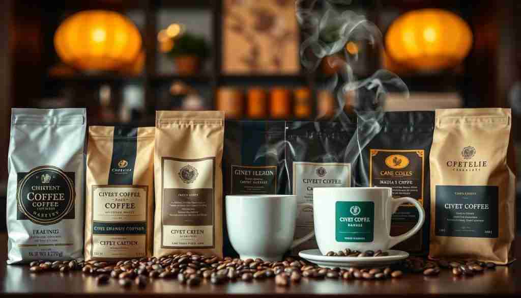 A high-quality, detailed comparison of several popular civet coffee brands, presented in a visually appealing still life arrangement. The foreground features neatly arranged coffee bags or cans from various producers, each with distinct branding and packaging. The middle ground showcases a selection of freshly brewed cups of civet coffee, steam rising elegantly. The background subtly hints at an upscale cafe or specialty coffee shop setting, with warm lighting and tasteful decor elements. The overall composition is balanced, with a focus on showcasing the unique characteristics and visual identities of the civet coffee products. The image conveys a sense of elevated, artisanal quality associated with this rare and sought-after coffee. A high-quality, detailed comparison of several popular civet coffee brands, presented in a visually appealing still life arrangement. The foreground features neatly arranged coffee bags or cans from various producers, each with distinct branding and packaging. The middle ground showcases a selection of freshly brewed cups of civet coffee, steam rising elegantly. The background subtly hints at an upscale cafe or specialty coffee shop setting, with warm lighting and tasteful decor elements. The overall composition is balanced, with a focus on showcasing the unique characteristics and visual identities of the civet coffee products. The image conveys a sense of elevated, artisanal quality associated with this rare and sought-after coffee.