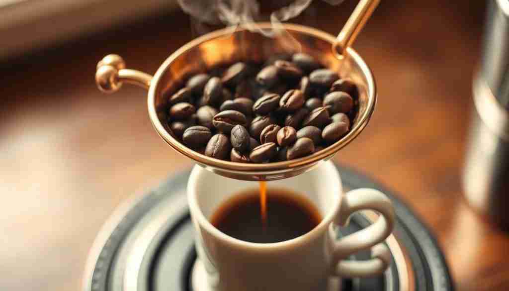 A meticulously crafted copper stovetop Vietnamese-style coffee brewer, its intricate design gleaming in the soft lighting. Freshly roasted Civet coffee beans, hand-selected for their unique flavor, are carefully measured and placed into the filter. Steam rises, infusing the air with the rich, earthy aroma as the brew drips slowly into a delicate porcelain cup below. The scene is bathed in a warm, golden glow, creating an atmosphere of contemplation and appreciation for the craft of coffee making. The focus is tight, emphasizing the elegance and precision of the process, inviting the viewer to immerse themselves in the ritual of brewing this exotic, rare coffee.