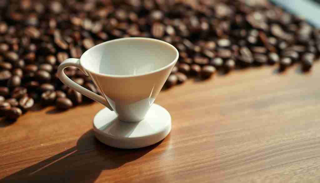 A sleek and elegant Hario V60 ceramic coffee dripper rests on a wooden surface, its clean lines and gentle curves reflecting the natural light. The dripper's neutral-toned ceramic body shines subtly, complemented by the warm hues of the wooden surface. In the background, a soft, blurred overlay of coffee beans adds depth and a hint of the brewing process. The overall scene exudes a sense of simplicity, quality, and the artistry of specialty coffee, perfectly capturing the essence of the Hario V60 and its place in the diverse world of coffee drippers.