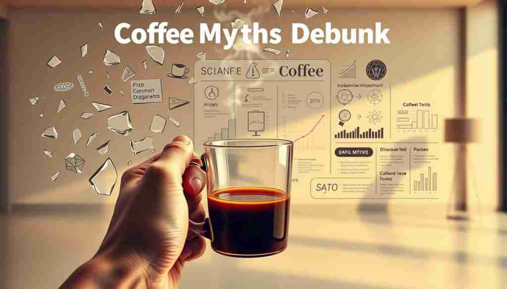 A vibrant and thought-provoking illustration of "Coffee Myths Debunked". In the foreground, a hand grasps a steaming mug of coffee, surrounded by shattered glass fragments representing common misconceptions. The middle ground features scientific diagrams, charts, and facts disproving these myths, presented in a clean, informative manner. The background showcases a minimalist, contemporary setting with soft, warm lighting, creating a sense of clarity and truth. The overall composition conveys a message of dispelling anxiety-inducing beliefs about coffee through the power of evidence-based information. A striking visual that complements the "Debunking Myths About Coffee and Anxiety" section. A vibrant and thought-provoking illustration of "Coffee Myths Debunked". In the foreground, a hand grasps a steaming mug of coffee, surrounded by shattered glass fragments representing common misconceptions. The middle ground features scientific diagrams, charts, and facts disproving these myths, presented in a clean, informative manner. The background showcases a minimalist, contemporary setting with soft, warm lighting, creating a sense of clarity and truth. The overall composition conveys a message of dispelling anxiety-inducing beliefs about coffee through the power of evidence-based information. A striking visual that complements the "Debunking Myths About Coffee and Anxiety" section.