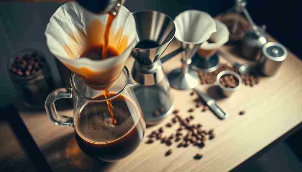 A well-lit, high-angle shot showcasing the intricate process of coffee brewing. In the foreground, a glass beaker displays the cascading flow of freshly brewed coffee, its rich aroma filling the air. The middle ground features a sleek, stainless-steel pour-over setup, with a conical filter delicately pouring the brew into the beaker. In the background, an artfully arranged display of coffee beans, filters, and brewing tools conveys the craftsmanship and attention to detail of the brewing techniques. Soft, warm lighting enhances the cozy, inviting atmosphere, capturing the essence of the perfect cup of coffee. A well-lit, high-angle shot showcasing the intricate process of coffee brewing. In the foreground, a glass beaker displays the cascading flow of freshly brewed coffee, its rich aroma filling the air. The middle ground features a sleek, stainless-steel pour-over setup, with a conical filter delicately pouring the brew into the beaker. In the background, an artfully arranged display of coffee beans, filters, and brewing tools conveys the craftsmanship and attention to detail of the brewing techniques. Soft, warm lighting enhances the cozy, inviting atmosphere, capturing the essence of the perfect cup of coffee.