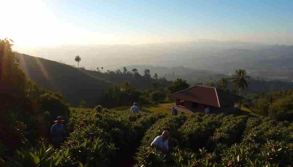 An idyllic coffee plantation nestled in the lush, rolling hills of Bali. The sun filters through the verdant canopy, casting a warm, golden glow over the rows of coffee plants. In the foreground, workers carefully hand-pick ripe coffee cherries, their movements graceful and rhythmic. In the middle ground, a traditional Balinese-style processing facility stands, its thatched roof and warm, earthy tones blending seamlessly with the natural surroundings. In the distance, the silhouettes of distant volcanic peaks rise against a hazy, azure sky, creating a serene and picturesque backdrop. The overall atmosphere conveys a sense of harmony and sustainability, reflecting the ethical practices of this coffee plantation. An idyllic coffee plantation nestled in the lush, rolling hills of Bali. The sun filters through the verdant canopy, casting a warm, golden glow over the rows of coffee plants. In the foreground, workers carefully hand-pick ripe coffee cherries, their movements graceful and rhythmic. In the middle ground, a traditional Balinese-style processing facility stands, its thatched roof and warm, earthy tones blending seamlessly with the natural surroundings. In the distance, the silhouettes of distant volcanic peaks rise against a hazy, azure sky, creating a serene and picturesque backdrop. The overall atmosphere conveys a sense of harmony and sustainability, reflecting the ethical practices of this coffee plantation.